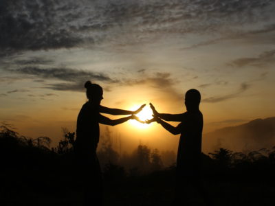 Two travellers in the sunset