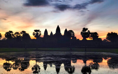 Sunrise at Angkor Wat temple in Cambodia.