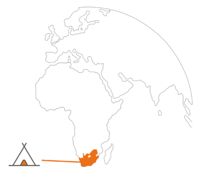 Round Map with South Africa highlighted in orange and the Adventures by Camps Logo