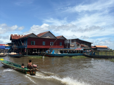 A multicoloured floating village in Cambodia