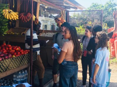 A group of students at a street market in Zanzibar
