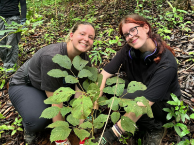 Two girls smiling and planting a tree together