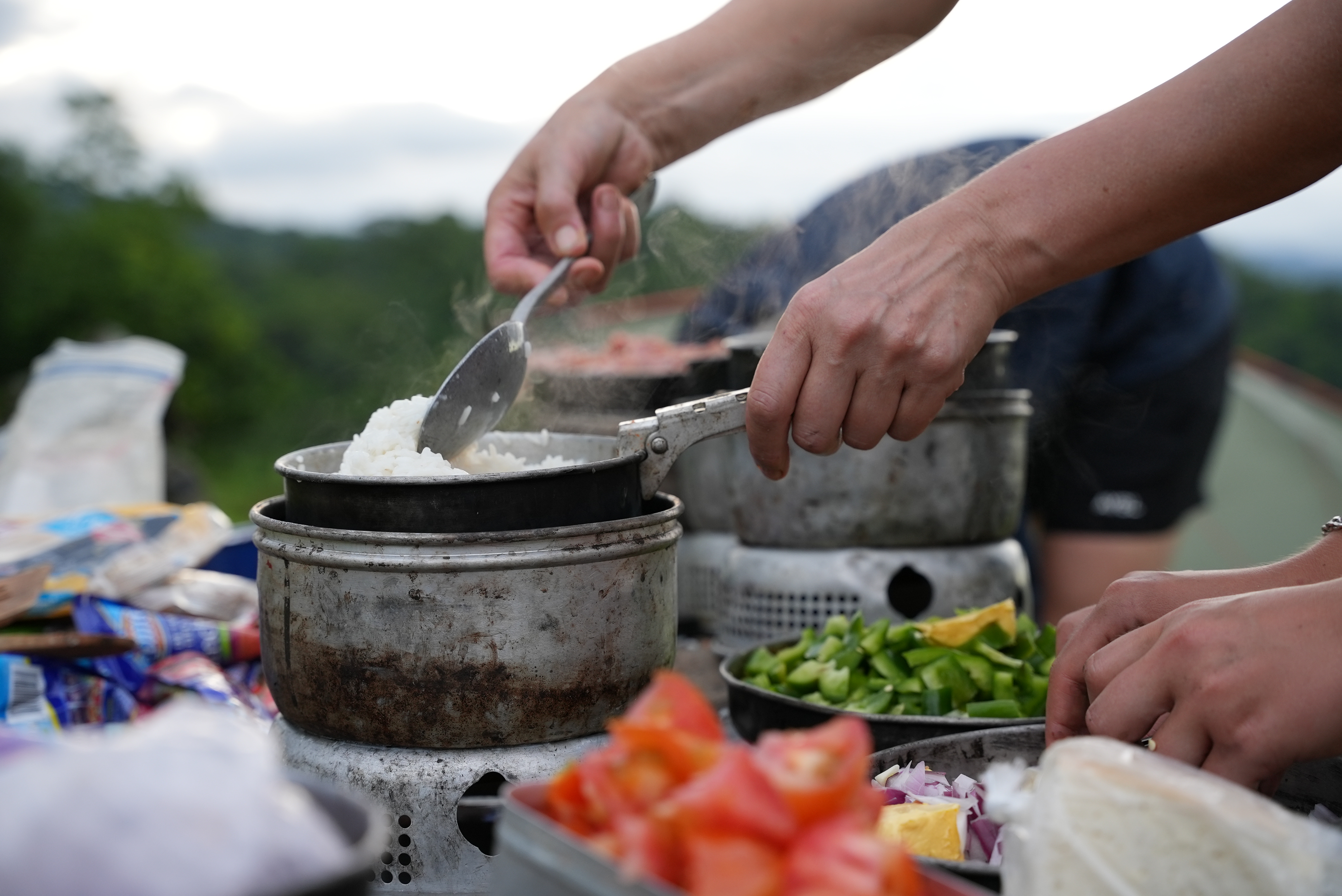 rice and veggies being cooked in a camp